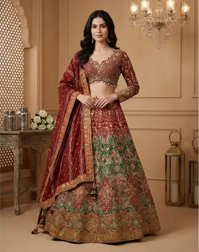 [75418001EG82E4] Maroon n Emerald Green Handcrafted Bridal Silk Lehenga Choli Set