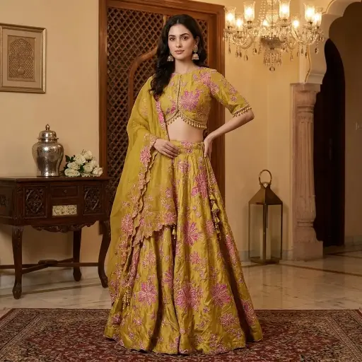 [75418001EI53E5] Mustard Yellow Silk Lehenga Choli with Pink Floral Embroidery