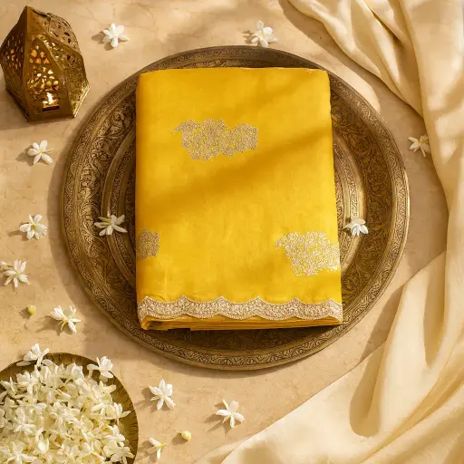 [42317001FM09E0] Radiant Yellow Festive Saree with Intricate Silver Border