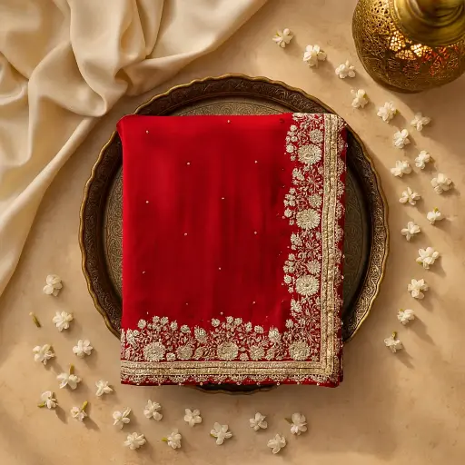 [42317001FM14E0] Elegant Red Embroidered Saree with Intricate Zari Detailing
