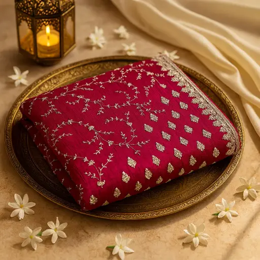 [42317001FM45E0]  Exquisite Crimson Red Designer Saree with Intricate Silver Embellishments 