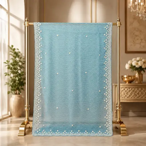 [42417045JQ50A4] Sky Blue Wavy Sequin Embroidered Saree with Scalloped Border