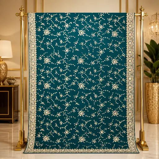 [01613001HJ24B7] Teal Green Saree with All-Over Gold Floral Embroidery and Ornate Border