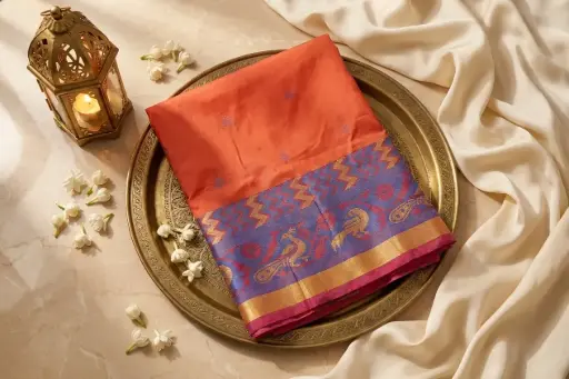 [49809001OJ9957] Coral Orange Silk Saree with Peacock Zari Border