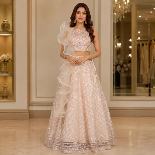 [76142031IF49A7] Women's Blush Pink Sequin Lehenga Choli with Ruffled Dupatta