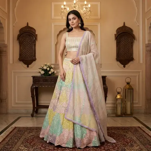 [76142031IM75A9] Pastel Multi-Color Sequin Embroidered Crop Top Lehenga Set