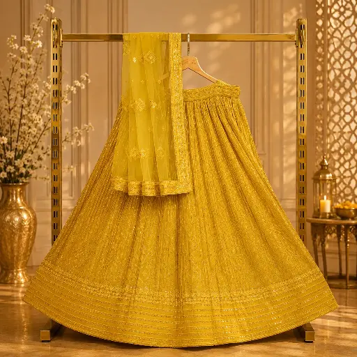 [60318037JO58A4] Women's Mustard Yellow Lehenga Choli with Mirror Work and Net Dupatta