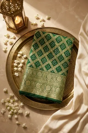[59812001EL18E6] Emerald Green Pure Gaji Silk Bandhani Junglow Saree