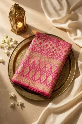[59812001HK91B7] Rani Pink Banarasi Khaddi Georgette Bandhani Jangla Saree