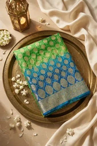 [59812001HK91C0] Dual Shade Green and Blue Banarasi Bandhani Georgette Saree