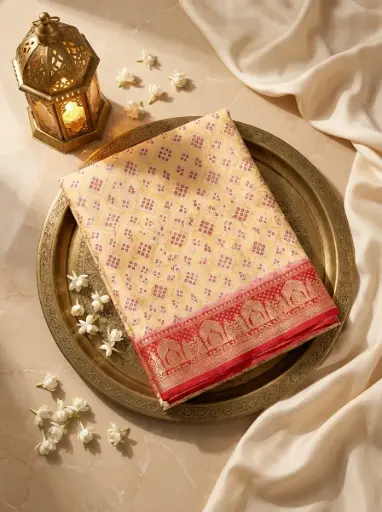 [59812001HK94B7] Cream Bandhani Georgette Banarasi Saree With Red Baluchari Border
