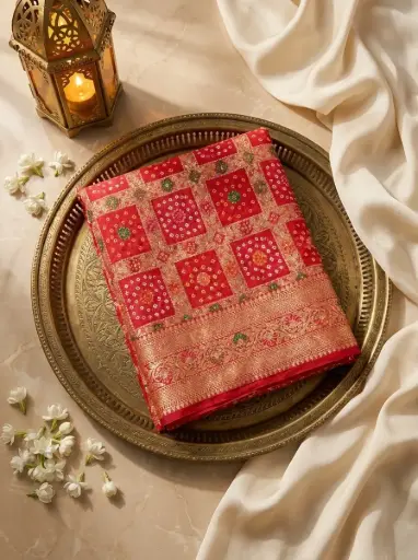 [59812001KH57A0] Exquisite Red Banarasi Mina Bandhani Saree with Zari Border
