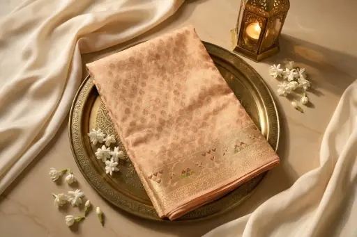 [66009001JY35A5] Peach Banarasi Silk Saree with Zari Bootis and Border