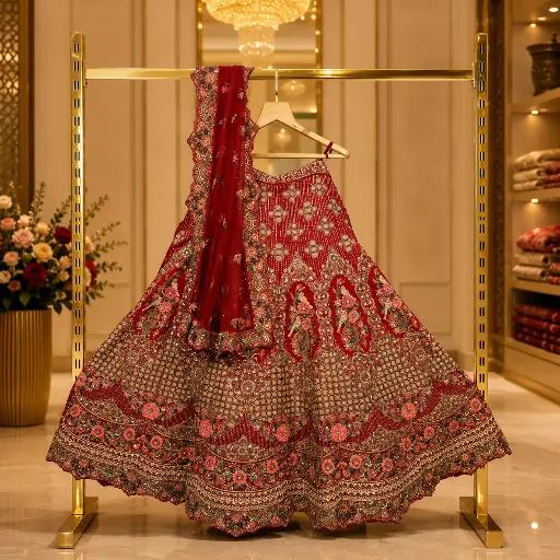 [82418028SW20C2] Women's Maroon Bridal Lehenga Choli with Heavy Embroidery and Net Dupatta