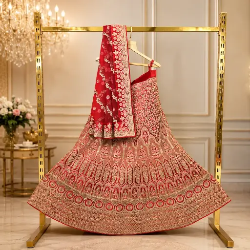 [00718001LR6384] Women's Red Bridal Lehenga Choli with Rich Gold Embroidery and Matching Dupatta