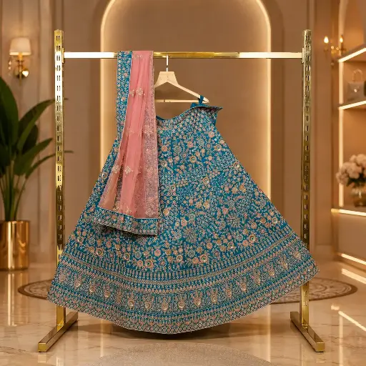 [00718048IH33A8] Women's Teal Lehenga Choli with Floral Embroidery and Peach Net Dupatta