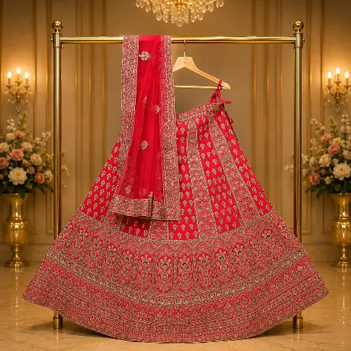[00718050IH32A8] Women's Red Embroidered Bridal Lehenga Choli with Matching Dupatta