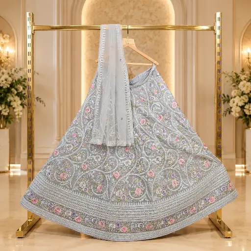 [00718066HQ97C0] Women's Silver Grey Lehenga Choli with Floral Embroidery and Matching Dupatta