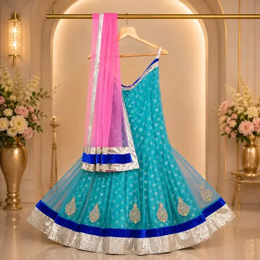 [00121001K25104] Women's Turquoise Lehenga Choli with Silver Border, Blue Accents and Pink Dupatta