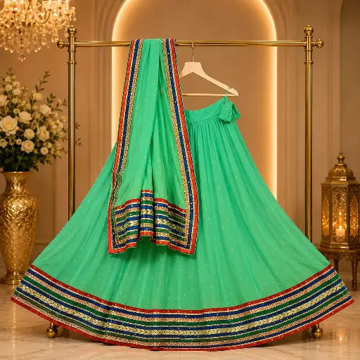 [00121001T19202] Women's Sea Green Embellished Lehenga Choli with Matching Dupatta